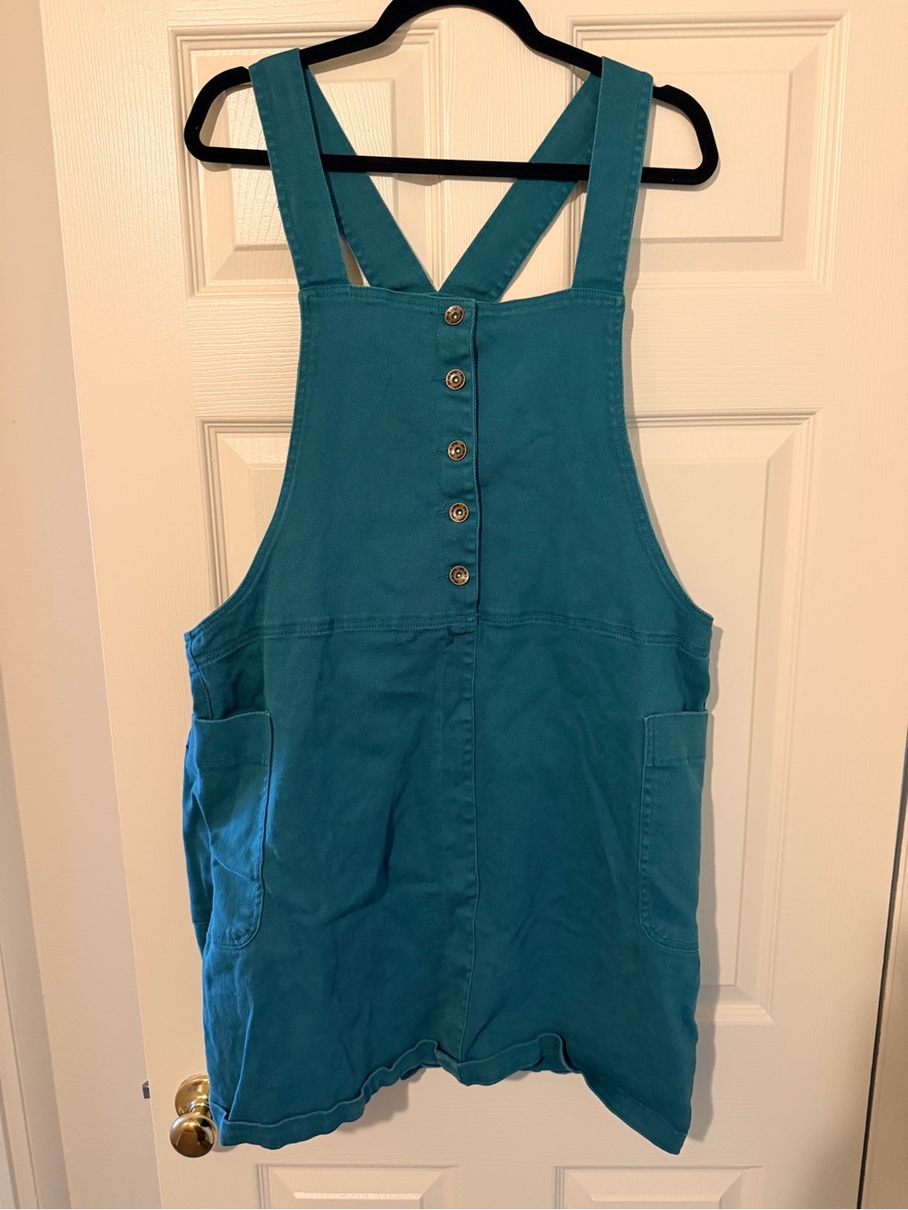 Kavu Teal Mini Overall Dress with Front Buttons and Pockets